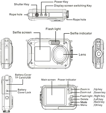 Víz alatti Digitális Fényképezőgép, 10FT Vízálló 48MP Kamera Elöl Hátul Dupla Képernyő, 16X Zoom, 2, 5s 10-es Képeket,