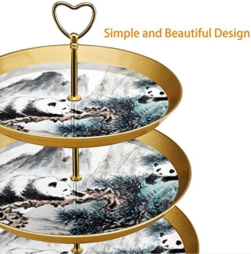 Cupcake Kijelző Desszert Torony, Műanyag 3 Rétegű Sütemény Arany Z Állni, Kínai Festészet Pands Fára Desszert Torony
