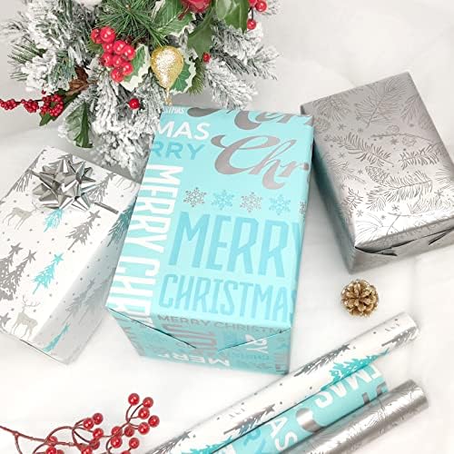 LDGOOAEL Mini Rövid Kis Karácsonyi Csomagolópapír-Tekercs, Vágott Sorok Fordított (17 X 120 Per Roll) - Ezüst & Blue