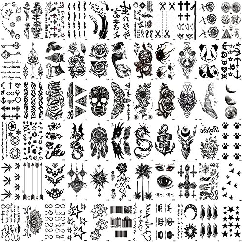 Zayvor 66Sheets Ideiglenes Tetoválás a Nők, Férfiak, 3D Vízálló Apró Fekete Handrawn Tetoválás, Hamis Test, Arc, Kar,