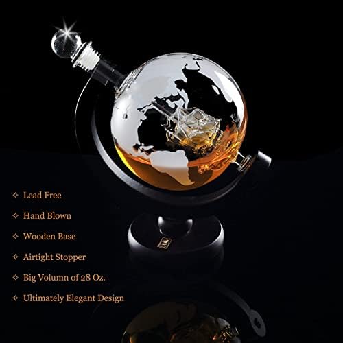 LiquorKnight Globe Whiskys Üveget Set/metszett ólommentes Üveg/Fa Állvány/Ital Adagoló Bár Szett 2 Üveg/Whiskey Kövek