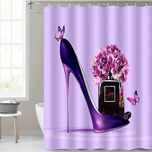 DePhoto Lila Zuhanyzó Függöny Fürdőszoba Violet Magas Sarkú Parfümös Üveg Rúzs Pillangó Hölgy Cipő Poliészter Szövet