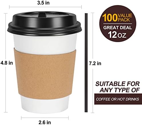 FIFWVGP 100 Csomag 12 oz Eldobható Kávés Csésze Fedő, Ujjak, majd Keverjük Szívószál Papír Kávés Csésze Fedő Menni Kávés