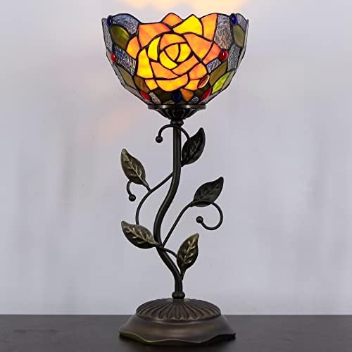 RHLAMPS Kis Tiffany asztali Lámpa 8 ólomüveg Rose Stílus Árnyékban 19 Magas, Vintage Antik Fém Levél Bázis Mini Éjjeli