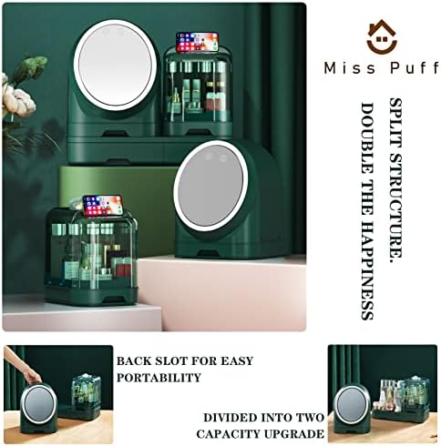 Miss Puff Smink Szervező LED Mirror Ventilátor, Nagy Kapacitású Kozmetikai Tároló vitrin, Vízálló Porálló, illetve Bőrápoló