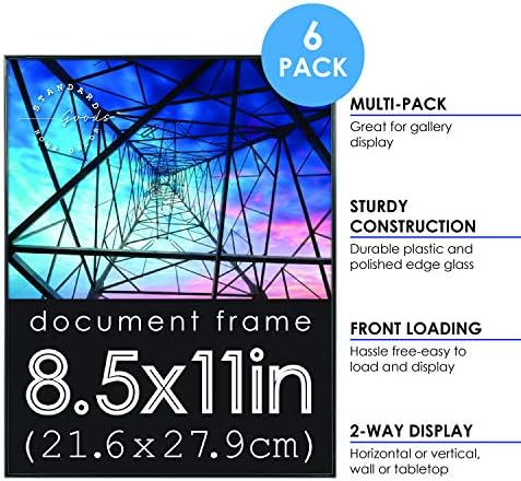 Standard Áruk Otthon Dekor 8.5x11 hüvelyk elöltöltős dokumentum keret, 6-pack Fekete falra vagy asztalra, vízszintes,