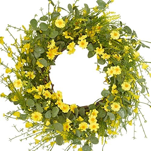 LVLFOR 24Inch Sárga Daisy Koszorú, Tavaszi Koszorú Zöld Eukaliptusz Levelek, Sárga Virágok szőlőből készült Koszorú,