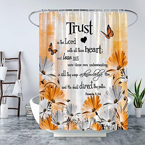 Inspiráló Idézetek Zuhanyzó Függöny Szürke Narancs Virág, Rusztikus Daisy Virágos Pillangó Absztrakt Művészet bízzál